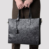 Handcrafted Full Grain Leather Briefcase with Floral Embossing, Vintage Laptop Tote Bag for Men & Women | Fits 16" Laptop | Leather Shoulder & Crossbody Work Bag or Weekend & Overnight Bags
