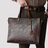 Handcrafted Full Grain Leather Briefcase with Floral Embossing, Vintage Laptop Tote Bag for Men & Women | Fits 16" Laptop | Leather Shoulder & Crossbody Work Bag or Weekend & Overnight Bags