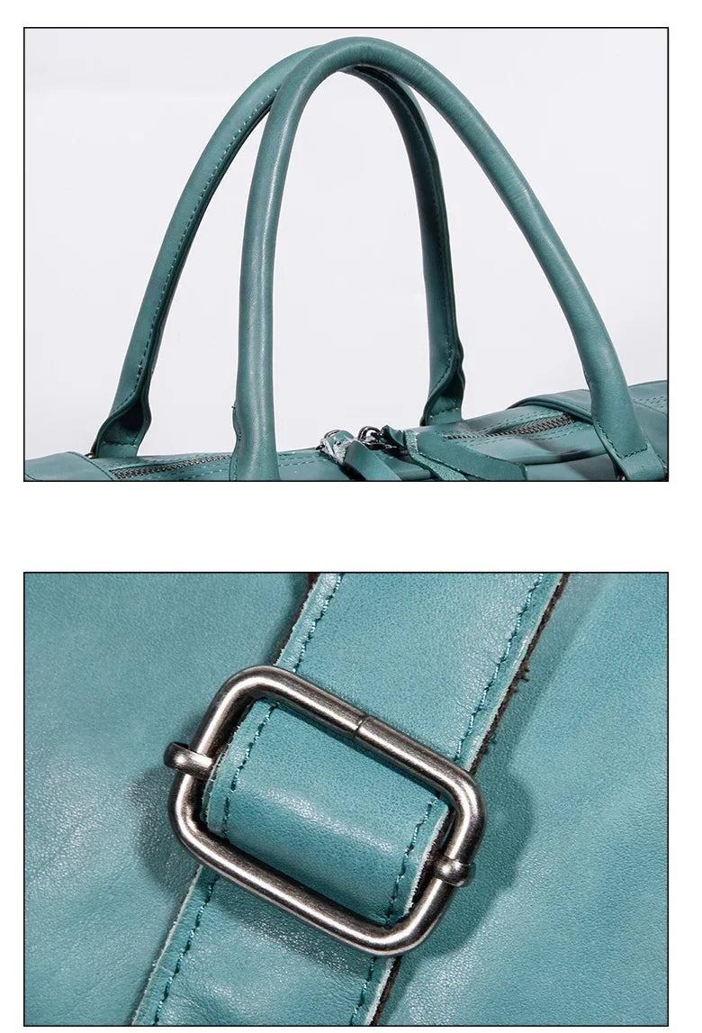 Close-up of teal full grain leather duffle bag handles and silver buckle detailing