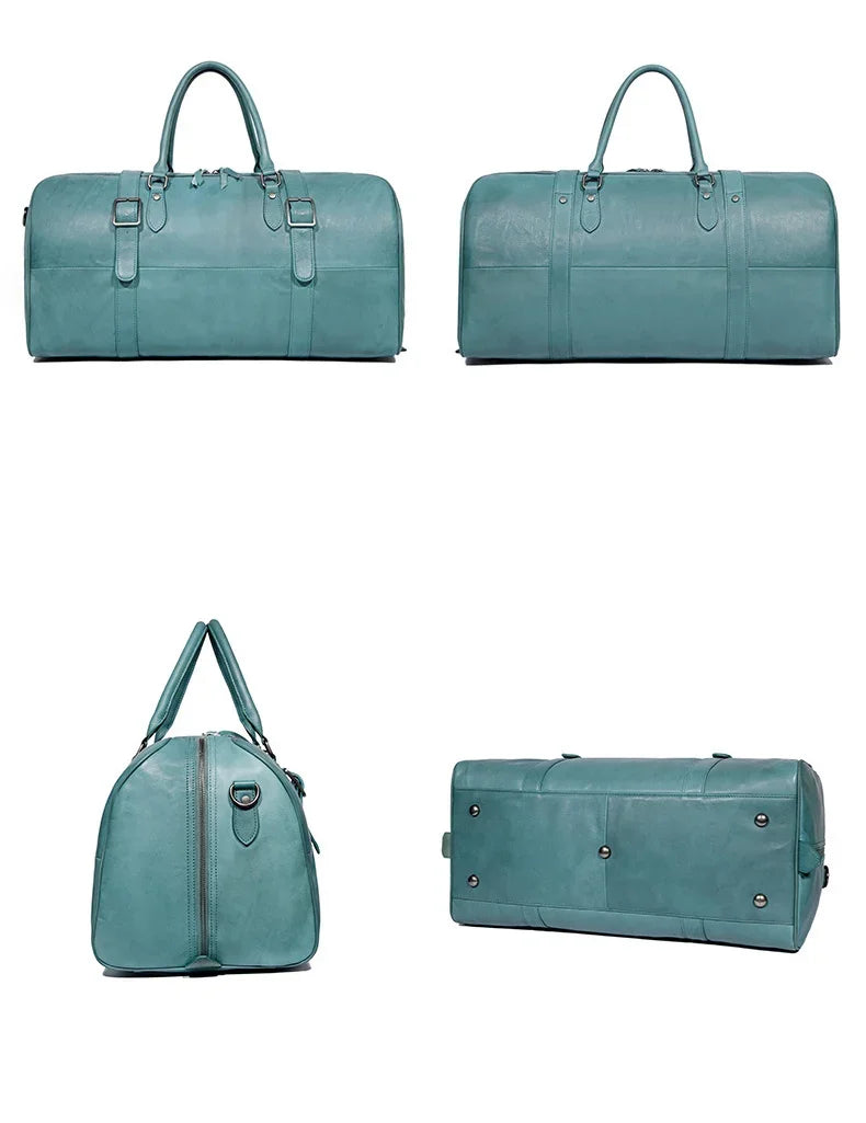 Teal full grain leather duffle bag with handles shown from multiple angles on white background.
