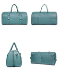 Teal full grain leather duffle bag with handles shown from multiple angles on white background.