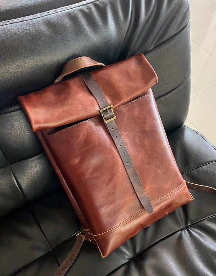 Handcrafted Full Grain Leather Roll-Top Backpack | Men's Vintage Business Commuter Laptop Travel Backpack