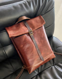 Handcrafted Full Grain Leather Roll-Top Backpack | Men's Vintage Business Commuter Laptop Travel Backpack