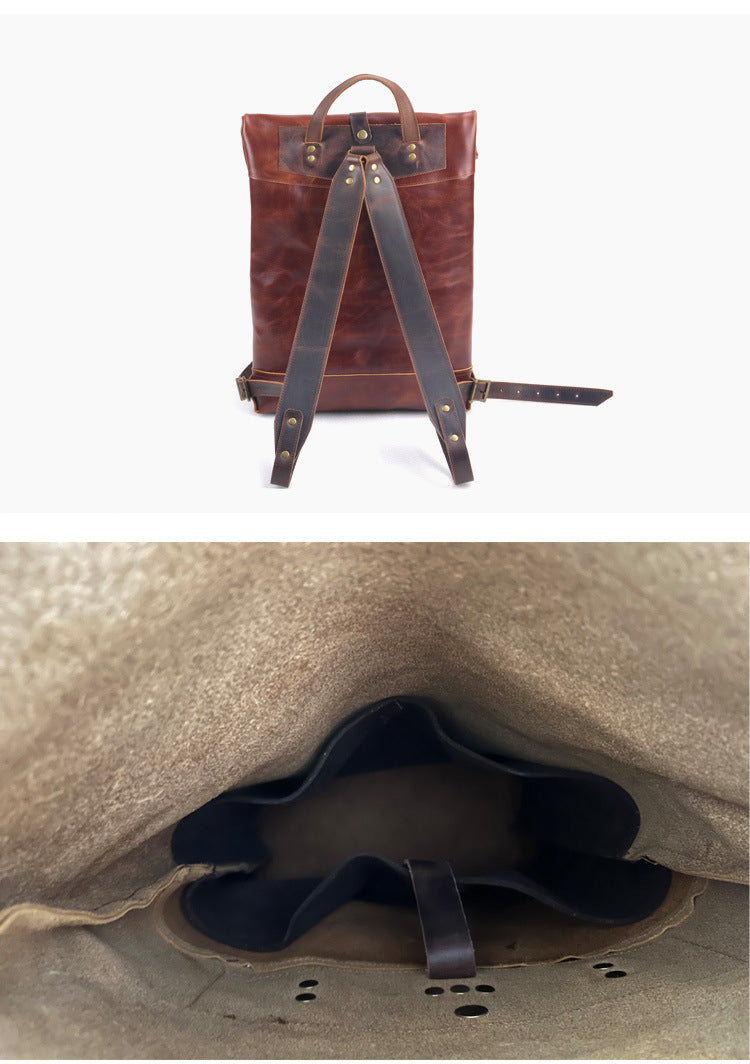 Handcrafted Full Grain Leather Roll-Top Backpack | Men's Vintage Business Commuter Laptop Travel Backpack