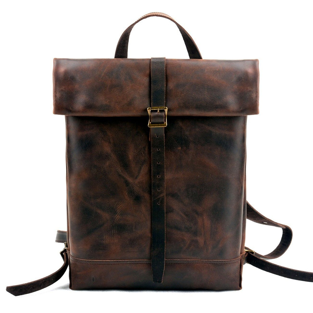 Handcrafted Full Grain Leather Roll-Top Backpack | Men's Vintage Business Commuter Laptop Travel Backpack