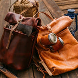 Handcrafted Full Grain Leather Roll-Top Backpack | Men's Vintage Business Commuter Laptop Travel Backpack