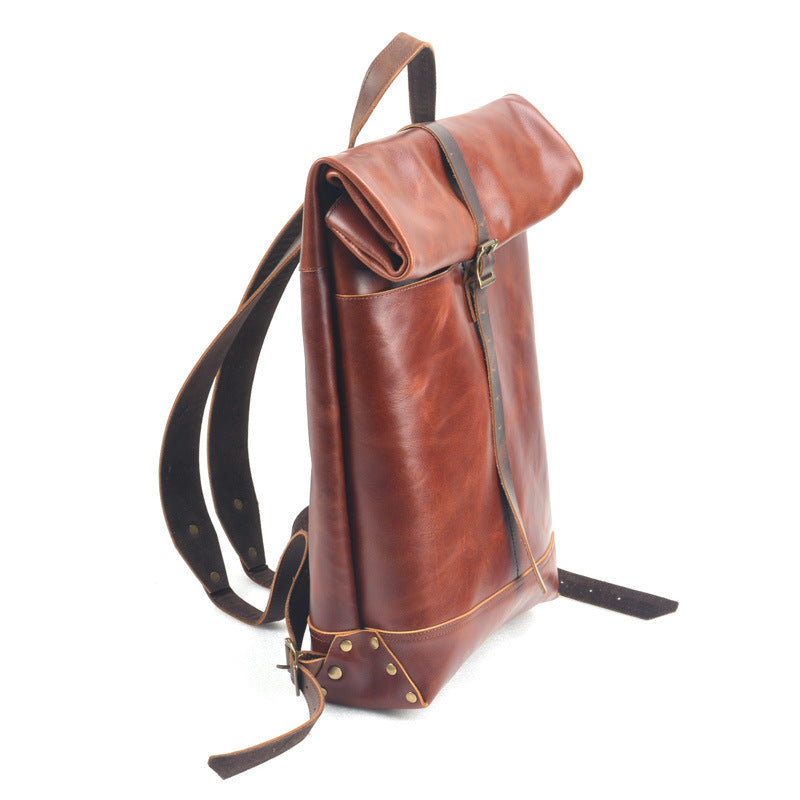 Handcrafted Full Grain Leather Roll-Top Backpack | Men's Vintage Business Commuter Laptop Travel Backpack