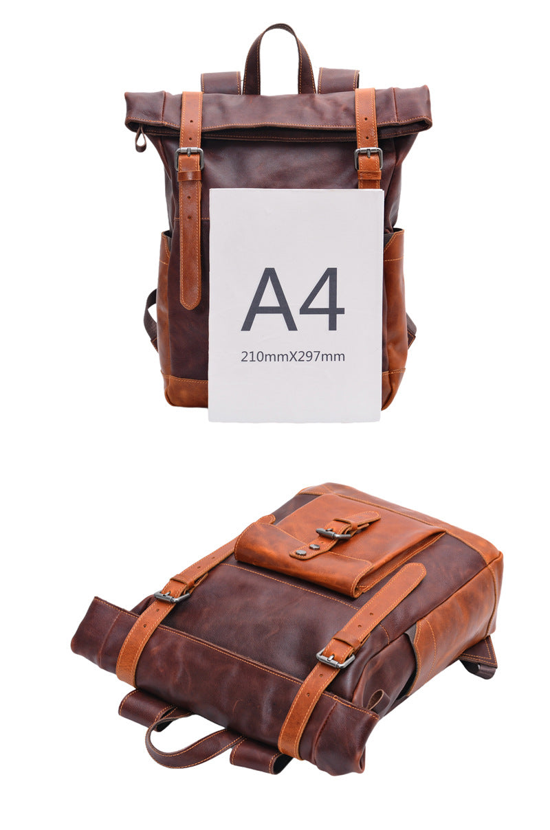 Handcrafted Full Grain Leather Roll-Top Backpack | Men's Vintage Laptop Travel & Hiking Backpack