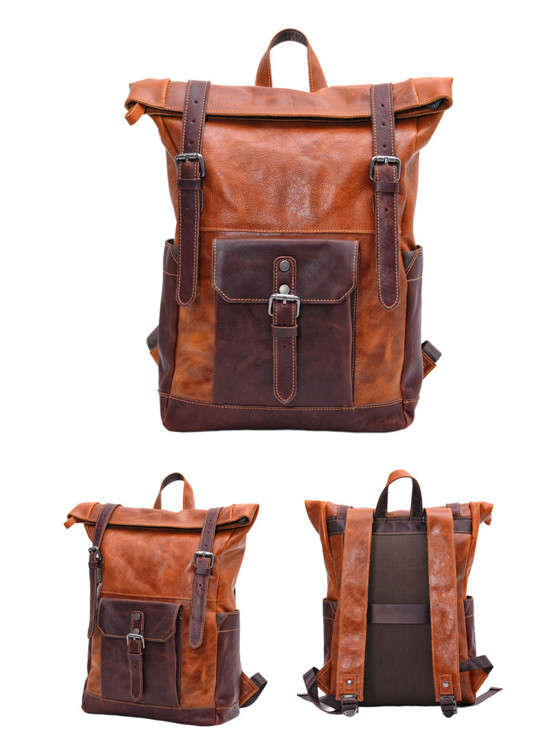 Handcrafted Full Grain Leather Roll-Top Backpack | Men's Vintage Laptop Travel & Hiking Backpack