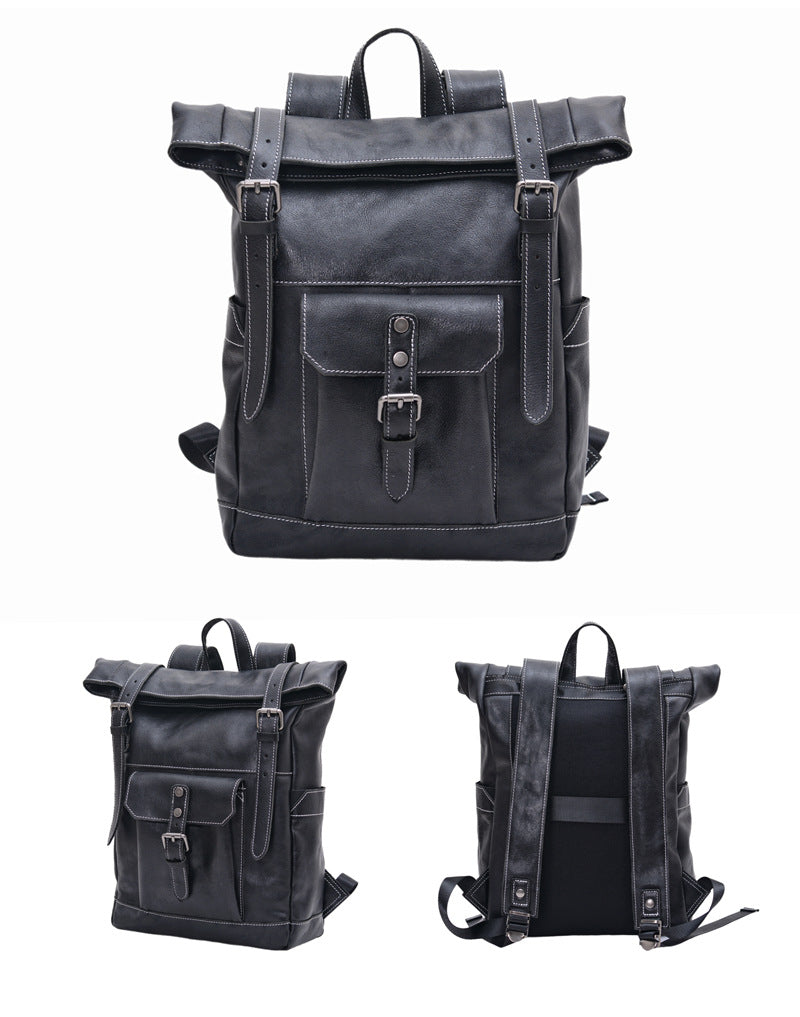 Handcrafted Full Grain Leather Roll-Top Backpack | Men's Vintage Laptop Travel & Hiking Backpack