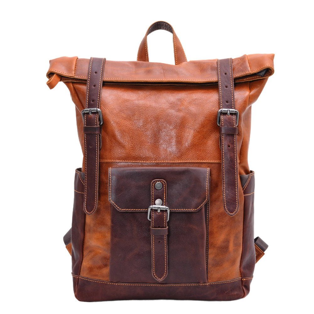 Handcrafted Full Grain Leather Roll-Top Backpack | Men's Vintage Laptop Travel & Hiking Backpack