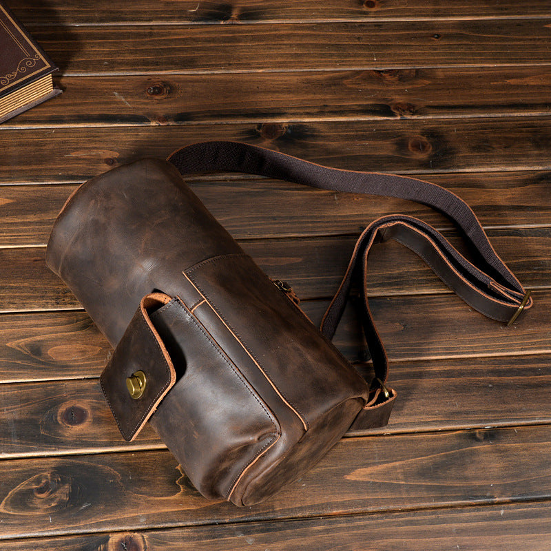Handcrafted Full Grain Leather Round Barrel Bag | Men's Vintage Motorcycle Crossbody Sling Bag