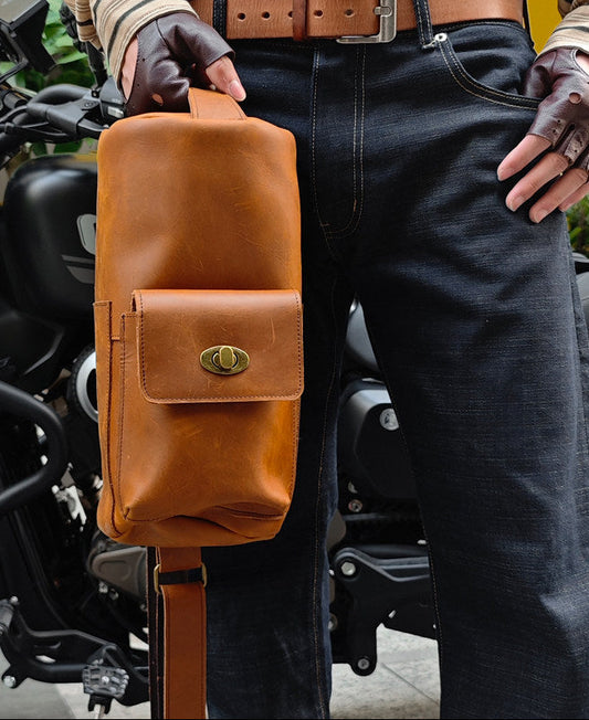 Handcrafted Full Grain Leather Round Barrel Bag | Men's Vintage Motorcycle Crossbody Sling Bag