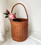 Handcrafted Full Grain Leather Woven Crossbody Bag, Vintage Romantic Lattice Basket Bucket Bag, Hollow-Out Cowhide Cylindrical Crossbody for Women Handbag Tan Brown