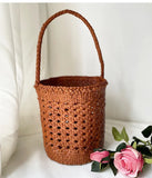 Handcrafted Full Grain Leather Woven Crossbody Bag, Vintage Romantic Lattice Basket Bucket Bag, Hollow-Out Cowhide Cylindrical Crossbody for Women Handbag Tan Brown