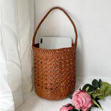 Handcrafted Full Grain Leather Woven Crossbody Bag, Vintage Romantic Lattice Basket Bucket Bag, Hollow-Out Cowhide Cylindrical Crossbody for Women Handbag Tan Brown