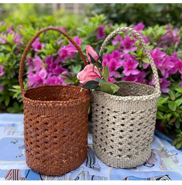 Handcrafted Full Grain Leather Woven Crossbody Bag, Vintage Romantic Lattice Basket Bucket Bag, Hollow-Out Cowhide Cylindrical Crossbody for Women Handbag Pearl White