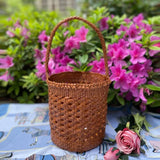 Handcrafted Full Grain Leather Woven Crossbody Bag, Vintage Romantic Lattice Basket Bucket Bag, Hollow-Out Cowhide Cylindrical Crossbody for Women Handbag Tan Brown