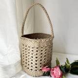 Handcrafted Full Grain Leather Woven Crossbody Bag, Vintage Romantic Lattice Basket Bucket Bag, Hollow-Out Cowhide Cylindrical Crossbody for Women Handbag Pearl White
