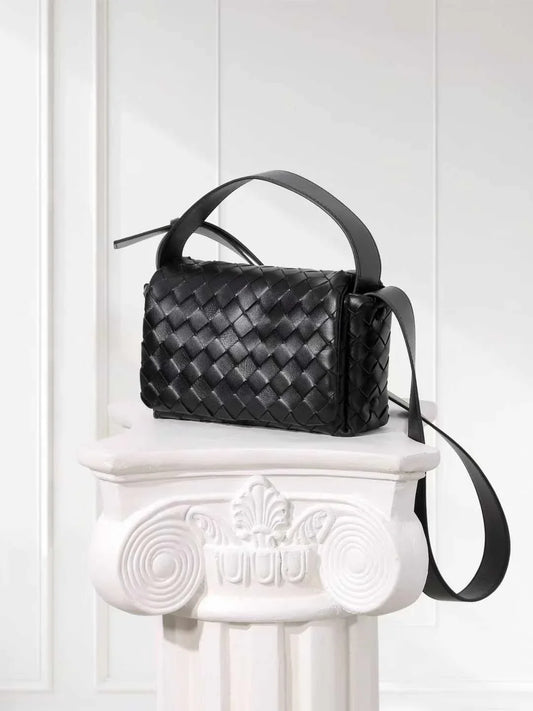 Handcrafted Intrecciato Mini Bag with Flap, Designer Weaven Calfskin Leather Crossbody & Top Handle Box Bag