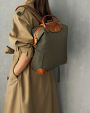 Handcrafted Luxury Women's Nylon Backpack, Large Laptop Bag, Waterproof Oxford Nylon with Cowhide Leather Trim