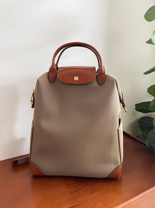 Handcrafted Luxury Women's Nylon Backpack, Large Laptop Bag, Waterproof Oxford Nylon with Cowhide Leather Trim