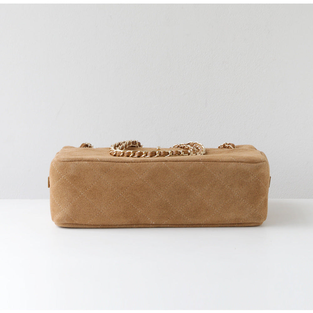 Handcrafted Quilted Suede Cowhide Camera Bag | Women's Chain Shoulder Bag with Turn-Lock Clasp