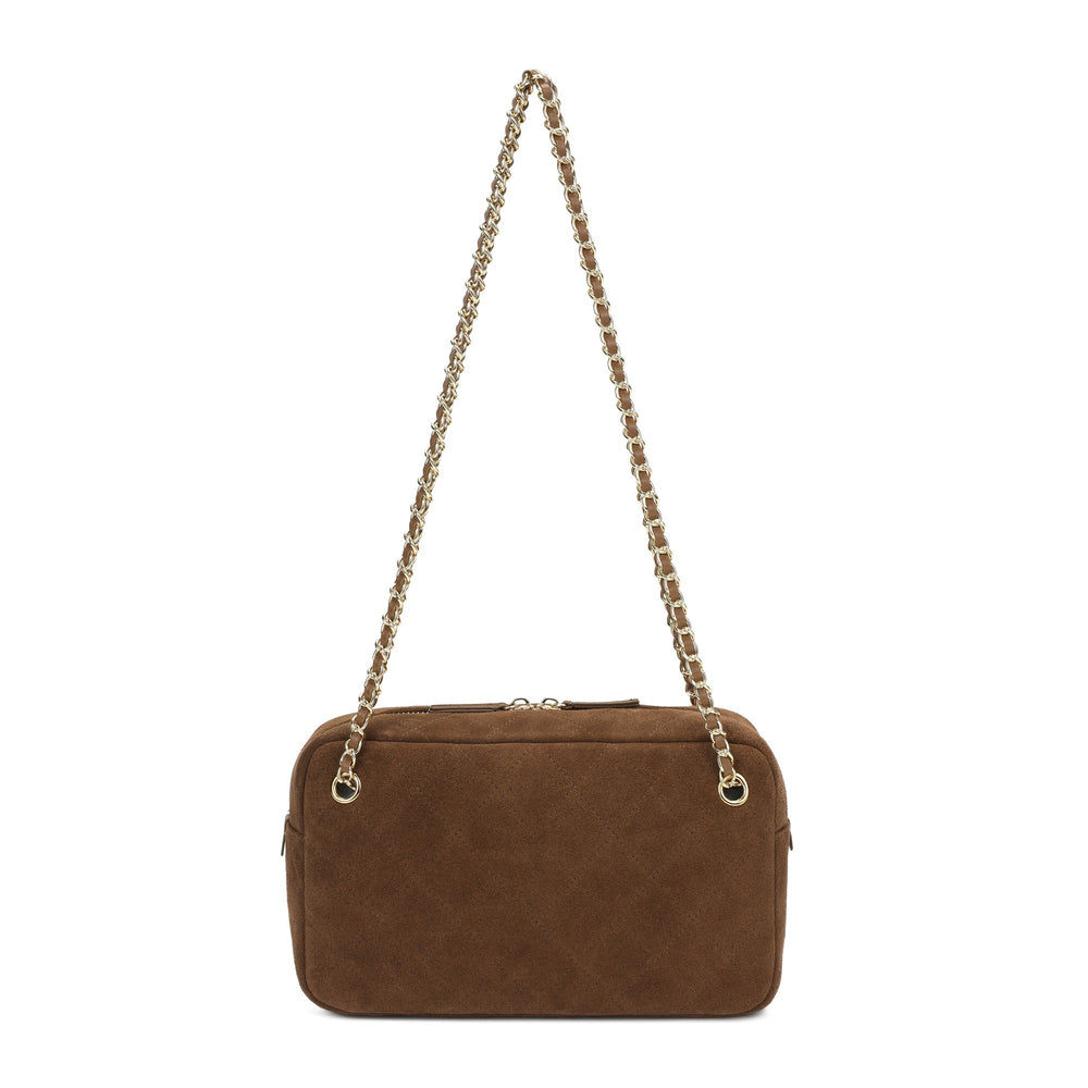 Handcrafted Quilted Suede Cowhide Camera Bag | Women's Chain Shoulder Bag with Turn-Lock Clasp