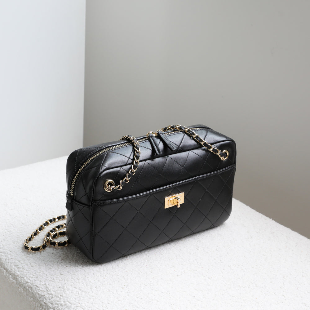 Handcrafted Quilted Suede Cowhide Camera Bag | Women's Chain Shoulder Bag with Turn-Lock Clasp