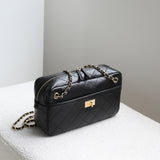 Handcrafted Quilted Suede Cowhide Camera Bag | Women's Chain Shoulder Bag with Turn-Lock Clasp