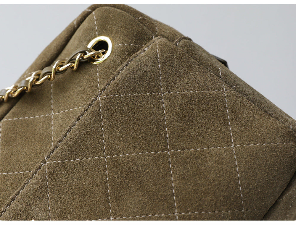 Handcrafted Quilted Suede Cowhide Camera Bag | Women's Chain Shoulder Bag with Turn-Lock Clasp