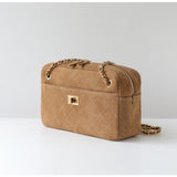 Handcrafted Quilted Suede Cowhide Camera Bag | Women's Chain Shoulder Bag with Turn-Lock Clasp