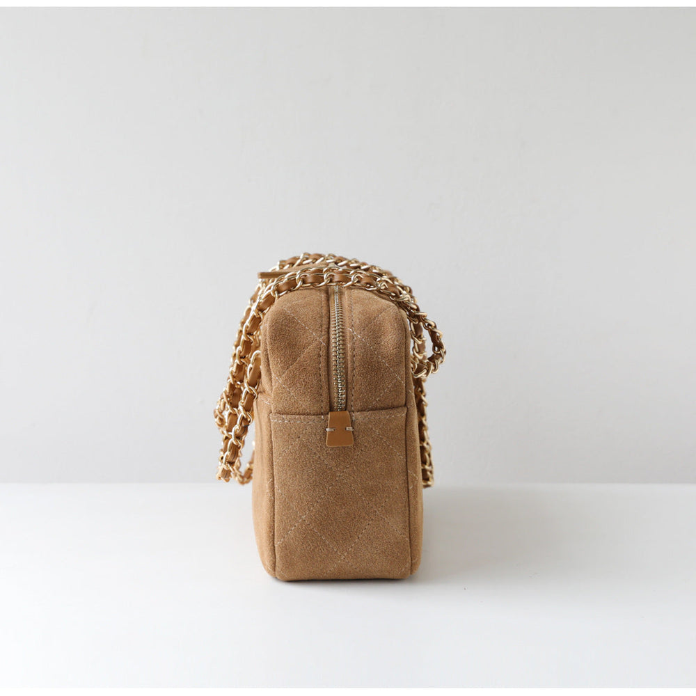 Handcrafted Quilted Suede Cowhide Camera Bag | Women's Chain Shoulder Bag with Turn-Lock Clasp