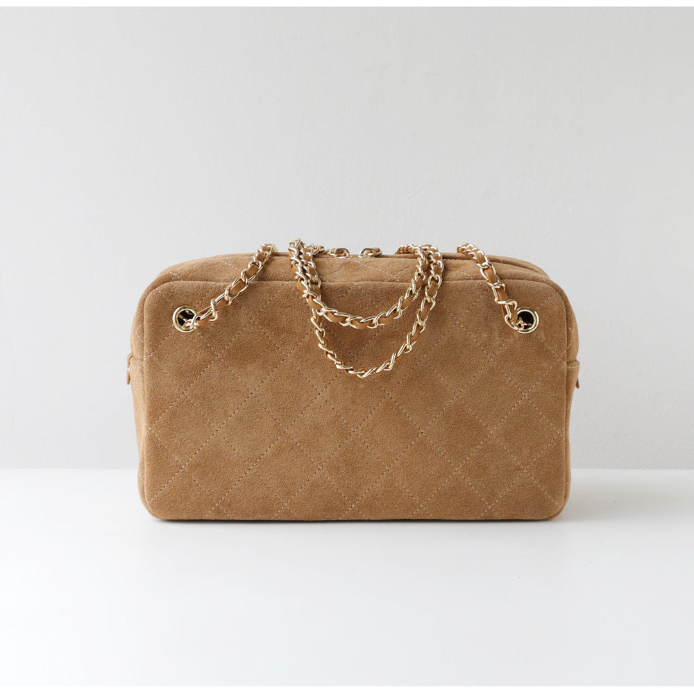 Handcrafted Quilted Suede Cowhide Camera Bag | Women's Chain Shoulder Bag with Turn-Lock Clasp