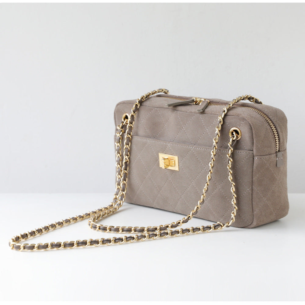 Handcrafted Quilted Suede Cowhide Camera Bag | Women's Chain Shoulder Bag with Turn-Lock Clasp