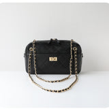 Handcrafted Quilted Suede Cowhide Camera Bag | Women's Chain Shoulder Bag with Turn-Lock Clasp