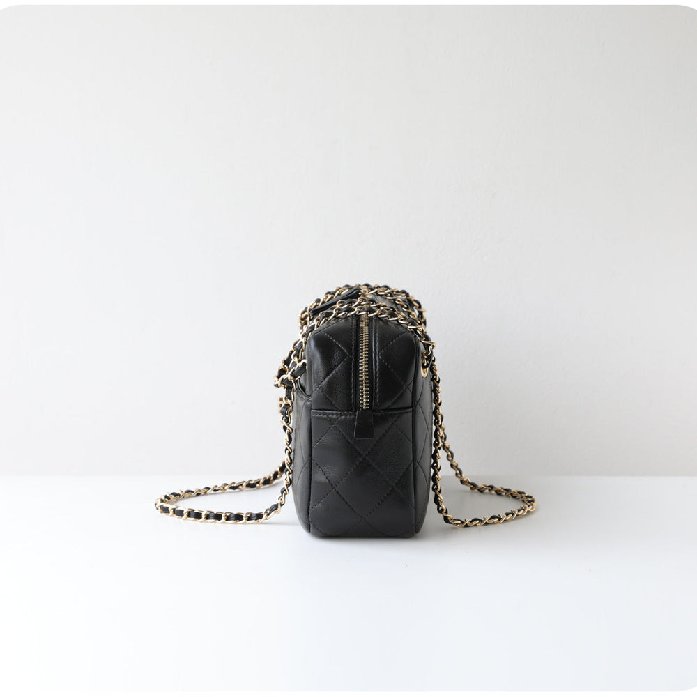 Handcrafted Quilted Suede Cowhide Camera Bag | Women's Chain Shoulder Bag with Turn-Lock Clasp