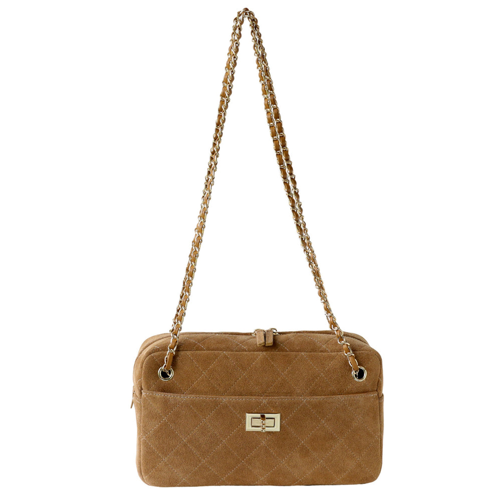 Handcrafted Quilted Suede Cowhide Camera Bag | Women's Chain Shoulder Bag with Turn-Lock Clasp