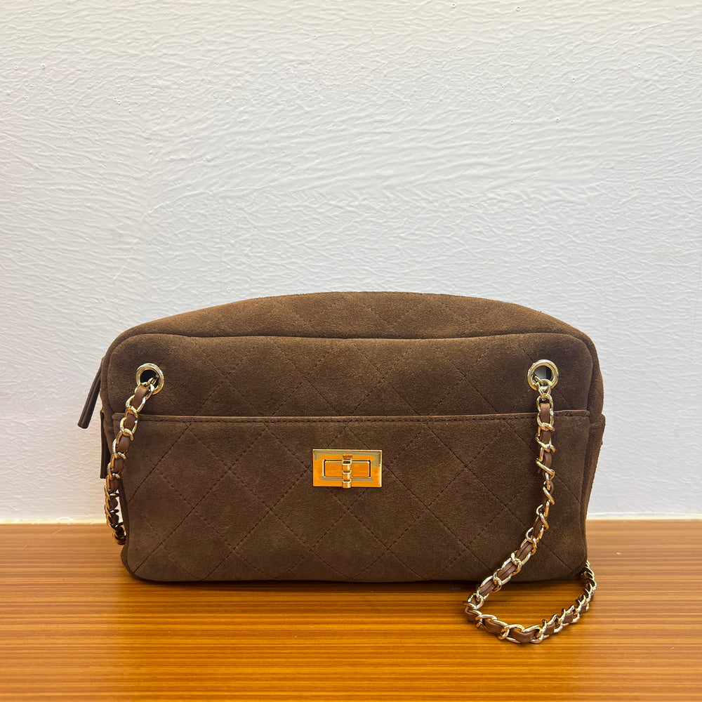 Handcrafted Quilted Suede Cowhide Camera Bag | Women's Chain Shoulder Bag with Turn-Lock Clasp