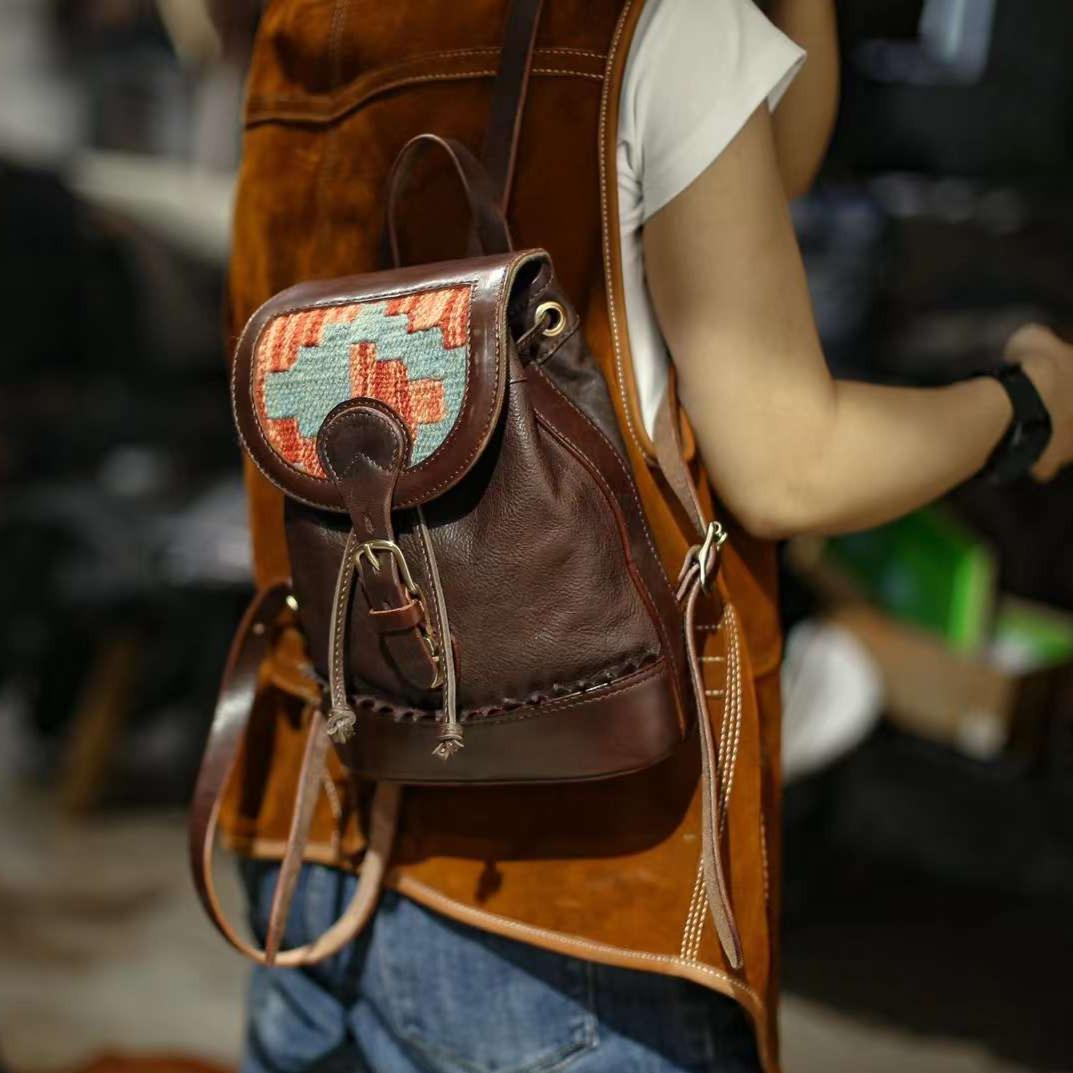 carpet leather backpack Handcrafted Small Leather Backpack with Embroidered Flap