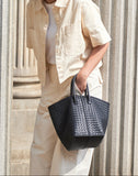 Handcrafted Top-Grain Sheepskin Woven Tote Bag | Women's Luxury Soft Lambskin Leather Bucket Shoulder Bag