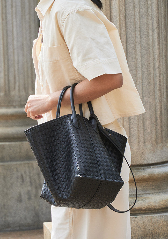 Handcrafted Top-Grain Sheepskin Woven Tote Bag | Women's Luxury Soft Lambskin Leather Bucket Shoulder Bag