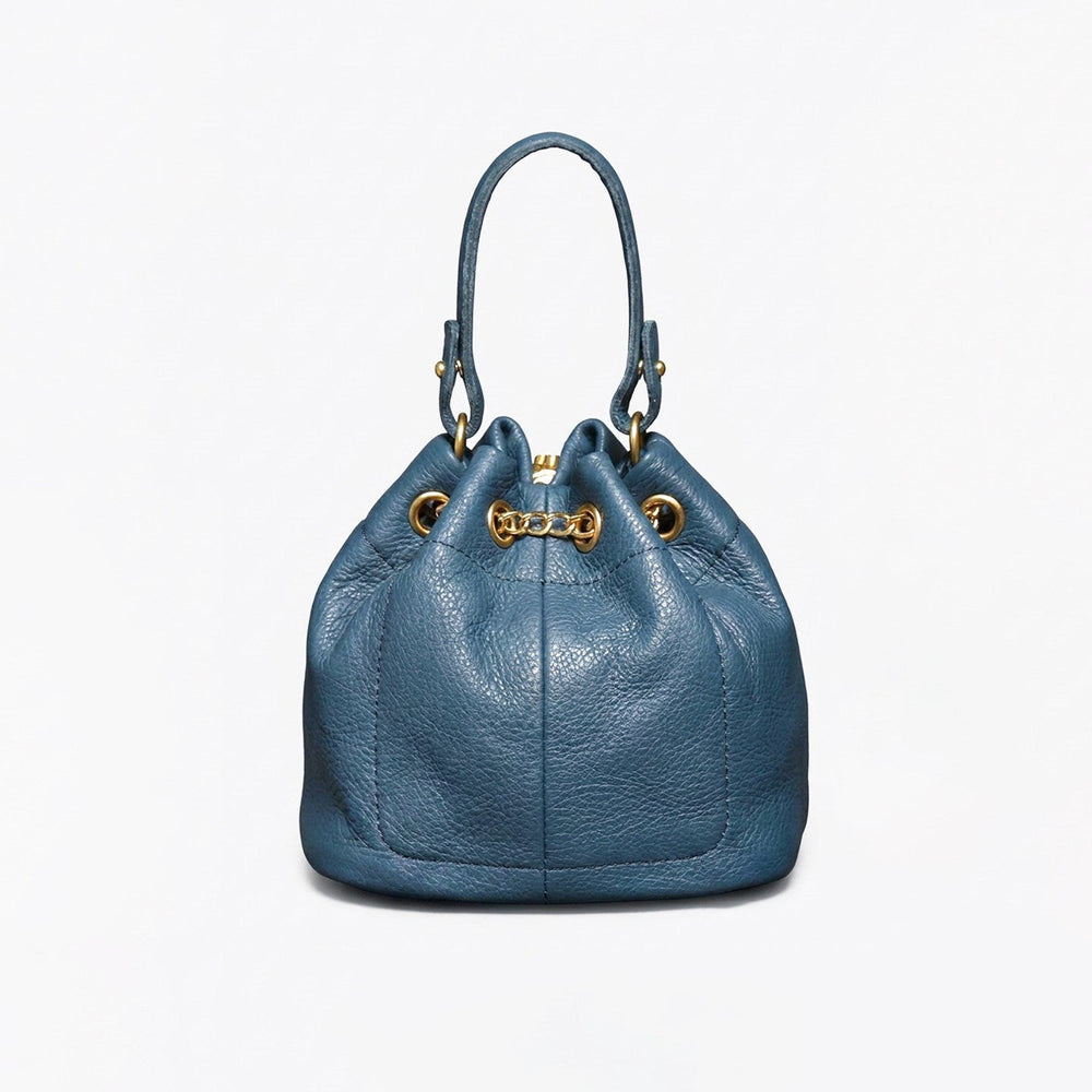 Handcrafted Top Grain Cowhide Leather Mini Bucket Bag | Women's Drawstring Chain Crossbody Purse
