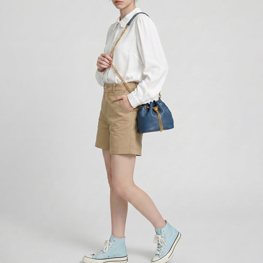 Handcrafted Top Grain Cowhide Leather Mini Bucket Bag | Women's Drawstring Chain Crossbody Purse