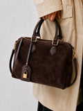 Handcrafted Suede Leather Boston Bag for Women | Padlock Charm Shoulder& Crossbody Bag | Handcrafted Matte Cowhide Top Handle Purse