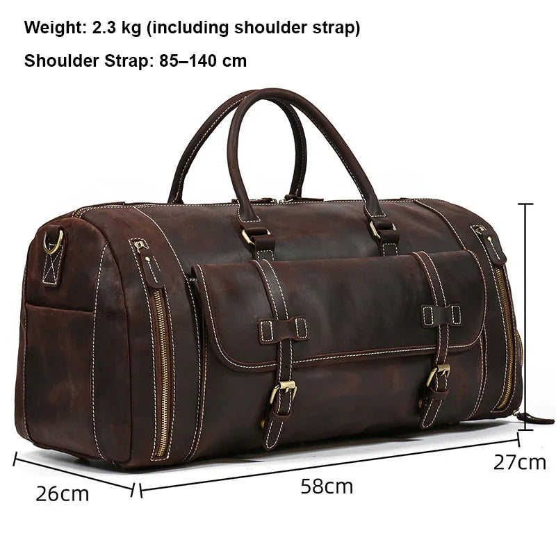 Dark brown handmade full grain leather duffle bag with shoe compartment, sturdy handles, and gold-tone zippers, shown with size dimensions.