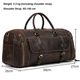 Dark brown handmade full grain leather duffle bag with shoe compartment, sturdy handles, and gold-tone zippers, shown with size dimensions.