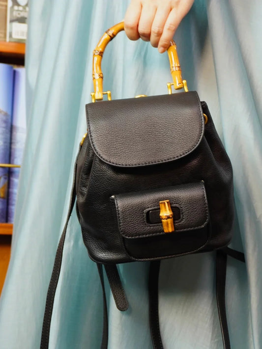 Handmade Cowhide Leather Mini Bamboo Convertible Backpack | Leather Drawstring Shoulder & Handbag for Women