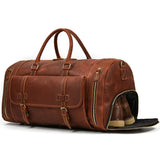Handmade full grain leather duffle bag in dark brown with shoe compartment and gold zippers