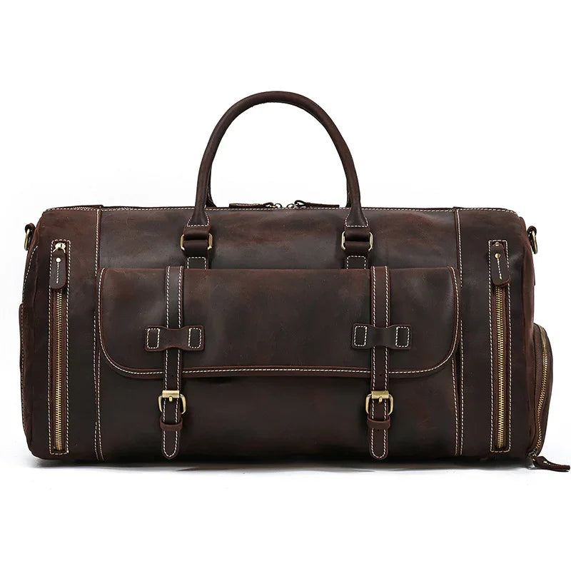 Handmade dark brown full-grain leather duffle bag with shoe compartment and gold zippers